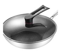 Fdit Sartén Wok de Acero Inoxidable, 3 Capas Antiadherente de Doble Cara con Diseño de Panal, Fácil de Limpiar, con Tecnología de Micrograbado para Cocinar en (34 cm/13,4 pulgadas (con tapa y sin