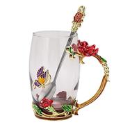 Fdit Taza de té de Flor Esmaltada 3D, Taza de café, Bebida, con Cuchara y Paño para Regalo de Cumpleaños, Navidad y Boda (Rosa roja 350ml)