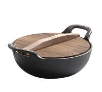 Fdit Wok de Hierro Fundido de 30 Cm con Tapa de Madera, Sartén China de Hierro Puro sin Recubrimiento para Freír a Altas Temperaturas Cuerpo Doble Reforzado para un Calor Uniforme de (30 cm/11,8