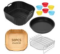 FDOUIGE Accesorio para freidora de aire caliente, 23 cm, accesorio XXL para COSORI 6L, 6,2L, 6,4L, Russell Hobbs 8L, Air Fryer Accessories con molde de silicona, parrilla, bandeja para pizza, papel