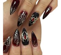 fdsmall 24pcs Halloween Prensa en Uñas-12 Tamaños Longitud Media Almendra Clavos Falsos Clavos Pegamento en Uñas para Mujeres con Araña de Metal (Araña)