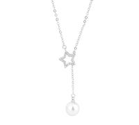 fdsmall Collar de perlas para mujer de 14 quilates chapado en plata de Dainty Cute Pearl Pendant Necklace Cubic Zirconia Star Chain Necklace Long Charm Necklace Jewelry for Women and Girls, Metal