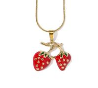 fdsmall Collier Fraise Rouge pour Femme - Collier Charm Émaillé Doré à l'Or avec Strass Cristal - Bijou Mode Fin pour Anniversaire, Noël ou Fête (05)
