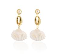 fdsmall Pendientes de gota de concha vintage de cauri con perlas de plata de cadena larga con forma de gota de concha de mar, aretes de playa de verano para mujer, talla única, Metal, Sin piedra