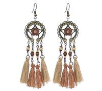 fdsmall Pendientes de gota de plumas retro, aretes de plumas sintéticas, aretes bohemios con flecos, aretes colgantes de plumas con colgantes de hoja y cuerda y aretes redondos de atrapasueños, as