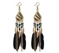fdsmall Pendientes de plumas de imitación, bohemios, borla, larga caída, vintage para mujer, Acero aleado