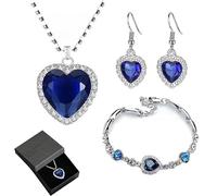 fdsmall Titanic Heat - Juego de collar y pendientes y pulsera, diseño de corazón del océano, juego de joyas con colgante de corazón de zafiro para siempre amor Titanic con bolsa