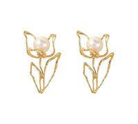 fdsmall Tulip Pearl Lady pendientes flores perlas Orejeras metálicas de moda pendientes de boda con baja alergia joyas (06)