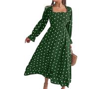 fdsmall Vestido de Manga Larga de otoño Femenino Polka Lunares Volantes de Cuello Cuadrado Cintura Alta Vestido Midi Falda de chifón Bohemio (FR/ES, Letras, L, Regular, Regular, Verde)