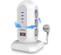 FDTEK Torre Regletas Enchufes 9 Tomas AC con 3 USB-A y 1 USB-C Regleta Vertical con Cable Retráctil 1,65 m, Ladron Enchufe Multiple con Interruptor y Protección Sobrecargas para Oficia Casa, 2500W/10A