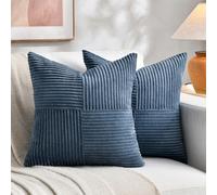 FDTERN Juego de 2 Boho Fundas Cojines de Pana 65x65 Azul,Mullida Decorativas Fundas de Cojíns Patrón Clásico de Rayas Cruzadas Cremallera Invisible Funda de Almohada para Sofá Cama Hogar