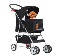 FDW Cochecito para mascotas de 4 ruedas para perros y gatos, plegable, con portavasos y forro extraíble para perros pequeños y medianos, color negro oscuro