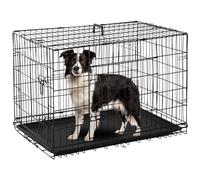 FDW - Jaula para perro plegable con 2 puertas, bandeja extraíble, 93 x 58 x 64 cm, jaula de transporte para perro, conejo, cachorro y animales domésticos, de metal, color negro