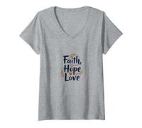 Fe, Esperanza, Amor, Cita inspiradora Cristiana, Ancla, corazón Camiseta Cuello V, Mujer, Gris Jaspeado, M