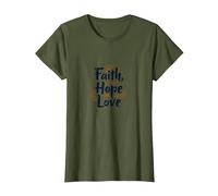 Fe, Esperanza, Amor, Cita inspiradora Cristiana, Ancla, corazón Camiseta, Mujer, Verde Oliva, M