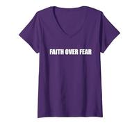 Fe sobre el Miedo Camiseta Cuello V, Mujer, Morado, XL