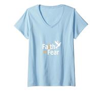Fe sobre el Miedo: Mensaje Inspirador de Paloma Espiritual Camiseta Cuello V, Mujer, Azul Bebé, XXL