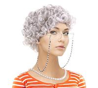 Feacole Conjunto de cosplay para niña de anciana, peluca de abuela, gorras de peluca, gafas Madea Granny, cadena retenedora de gafas, collar de perlas (5 piezas) se adapta a todos (estilo 5)