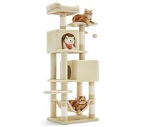 Feandrea - Árbol para gato de 59,5 pulgadas de alto, condo de peluche de varios niveles con 5 garras, 2 posadas, 2 cuevas, hamaca, 2 pompones, color beige UPCT192M01