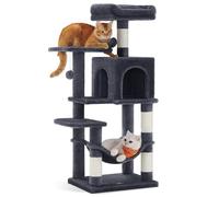 Feandrea Árbol para Gatos, Altura 112 cm, Torre de Gatos, con 4 Postes Rascadores, 2 Plataformas, 1 Cueva, 1 Hamaca, 2 Pompones, Tela de Felpa, Multinivel, Gris Ahumado PCT261G01