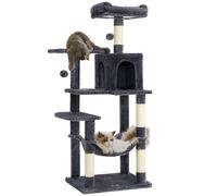 Feandrea Árbol para Gatos, Altura 137,7 cm, Multinivel, 4 Postes Rascadores | Torre de Gatos, 2 Plataformas, 1 Cueva, 1 Hamaca, 2 Pompones, Tela de Felpa, Gris Oscuro, Colección CLAWFY PCT161G01