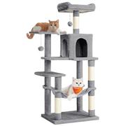 Feandrea Árbol para Gatos, Altura 143 cm, Multinivel, 4 Postes Rascadores | Torre de Gatos, 2 Plataformas, 1 Cueva, 1 Hamaca, 2 Pompones, Tela de Felpa, Gris Paloma, Colección CLAWFY PCT161W01