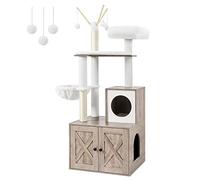 Feandrea Árbol para Gatos con Arenero Oculto, Rascador Moderno 2 en 1, Casa con Palos y Pompones Movibles, Gris PCT113G01