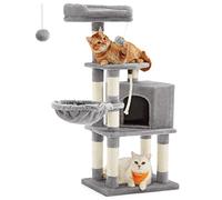 Feandrea Árbol para Gatos de 110 cm de Altura, Rascador para Gatos, con Base y 9 Postes, 1 Plataforma, 1 Cueva, 1 Hamaca, 1 Pompón, 1 Cuerda, Felpa Multicapa, Gris Claro PCT260W01