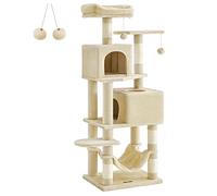 Feandrea Árbol para Gatos de 155 cm de Altura, Rascador para Gatos con 5 Postes, 2 Plataformas, 2 Cuevas, Hamaca, 2 Pompones, Felpa Multicapa, Beige PCT192M01