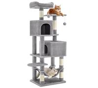 Feandrea Árbol para Gatos de 155 cm de Altura, Rascador para Gatos con 5 Postes, 2 Plataformas, 2 Cuevas, Hamaca, 2 Pompones, Felpa Multicapa, Gris Claro PCT192W01