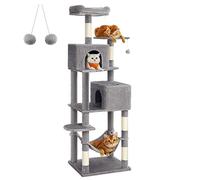 Feandrea Árbol para Gatos de 191 cm de Altura, Rascador para Gatos con 5 Postes, 2 Plataformas, 2 Cuevas, Hamaca, 2 Pompones, Felpa Multicapa, Gris Claro PCT191W01