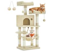Feandrea Árbol para Gatos de Altura 112 cm, Torre para Gatos, con 11 Postes Rascadores, 2 Plataformas, 1 Cueva, 1 Hamaca, 2 Pompones, Tela de Felpa, Multinivel, Beige PCT215M01