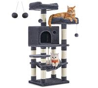 Feandrea Árbol para Gatos de Altura 112 cm, Torre para Gatos, con 11 Postes Rascadores, 2 Plataformas, 1 Cueva, 1 Hamaca, 2 Pompones, Tela de Felpa, Multinivel, Gris Ahumado PCT215G01