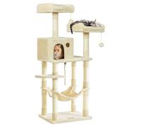 Feandrea Árbol para Gatos de Altura 143 cm, Torre para Gatos, con 11 Postes Rascadores, 2 Plataformas, 1 Cueva, 1 Hamaca, 2 Pompones, Tela de Felpa, Multinivel, Beige PCT15BE