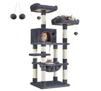 Feandrea Árbol para Gatos de Altura 143 cm, Torre para Gatos, con 11 Postes Rascadores, 2 Plataformas, 1 Cueva, 1 Hamaca, 2 Pompones, Tela de Felpa, Multinivel, Gris Ahumado PCT15GYZ