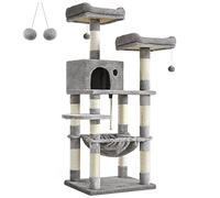 Feandrea Árbol para Gatos de Altura 143 cm, Torre para Gatos, con 11 Postes Rascadores, 2 Plataformas, 1 Cueva, 1 Hamaca, 2 Pompones, Tela de Felpa, Multinivel, Gris Claro PCT15W
