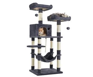 Feandrea Árbol para Gatos de Altura 143 cm, Torre para Gatos, con 11 Postes Rascadores, 2 Plataformas, 1 Cueva, 1 Hamaca, 2 Pompones, Tela de Felpa, Multinivel, Gris Ahumado PCT15GYZ