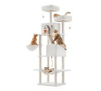 Feandrea Árbol para Gatos Grandes, Torre de Gatos de 206 cm de Altura con 13 Poste, 2 Plataformas, 2 Cuevas, Cesta, Hamaca, Pompón, Rascador Multinivel, Blanco Crema PCT190T01