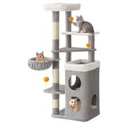 Feandrea Árbol para Gatos, Multinivel, 150 cm, 3 Plataformas, Gris Paloma | 2 Cuevas Grandes, una Hamaca, 3 Columnas para Arañarse, Gris Paloma, Colección 线下B2B PCT007G01