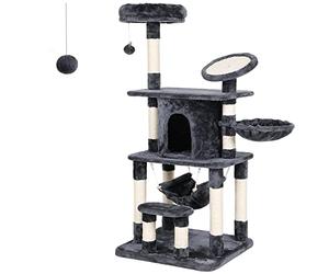 FEANDREA Árbol para Gatos Rascador con Caseta Lujosa Plataforma Redonda con Borde Curvado Postes Recubiertos por Cuerda de Sisal para Afilamiento Color Antracita PCT25G