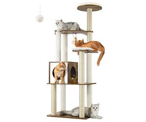 Feandrea Árbol para Gatos, Torre de Gatos 165 cm, 5 Postes para Arañar, Cojines Lavables y Desmontables, Plataforma, Cueva, Mueble de Interior, Marrón Rústico PCT166X01