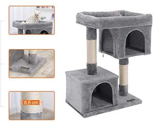 Feandrea Árbol para Gatos, Torre de Juegos 84 cm, L, Casa para Gatos de hasta 7 kg, Plataforma Grande, 2 Cuevas, Rascador, Gris Claro PCT61W