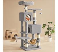 Feandrea Árbol para gatos, torre para gatos de 59.5 pulgadas de alto, condominio de felpa de varios niveles con 5 postes rascadores, 2 posaderas, 2 cuevas, hamaca, 2 pompones, gris claro UPCT192W01