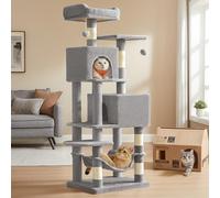 Feandrea Árbol para gatos, torre para gatos de interior, condominio de felpa de varios niveles con 5 postes rascadores, 2 posaderas, 2 cuevas, hamaca, 2 pompones, gris claro UPCT192W01