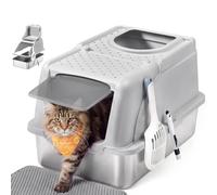 Feandrea Arena Gato, Inoxidable para Gatos con Tapa Abatible, Gris Claro | Arenero XL, a Prueba de Fugas, Cuchara, Alfombrilla, Doble Entrada, Carga de Encimera de 15 kg, Colección BOXAL PPT005G201