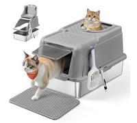 Feandrea Arena Gato, Inoxidable para Gatos con Tapa Abatible, Gris Paloma | Arenero XL, a Prueba de Fugas, Cuchara, Alfombrilla, Doble Entrada, Carga de Encimera de 15 kg, Colección BOXAL PPT005G01