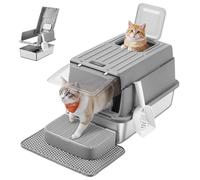 Feandrea Arenero Gato, Acero Inoxidable, con Tapa, 15 kg, Gris Pizarra | Caja de Arena, Incluye Pala, Alfombrilla y Dos Accesos, Gris Pizarra, Colección BOXAL PPT007GN01