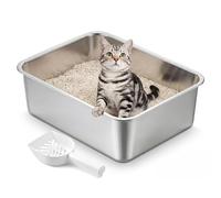 Feandrea Arenero Gato de Acero Inoxidable, Abierto, Sin Olores | Accesorios para Gatos, 45 x 35 x 15 cm, Bordes Altos, Plata, Colección Boxal PPT014E101