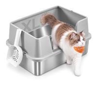Feandrea Arenero Gato Grande, Acero Inoxidable, Bordes Altos | Accesorios Gatos, 61 x 41 x 30 cm, con Pala, Entrada Baja, Gris Claro, Colección Boxal, PPT022G101