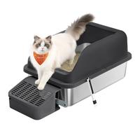 Feandrea Arenero para Gatos de Acero Inoxidable, Bandeja Alta | Apertura Superior, Escalón, Pala y Cepillo, para Gatos de hasta 15 kg, Negro Tinta, Colección Boxal PPT008B101
